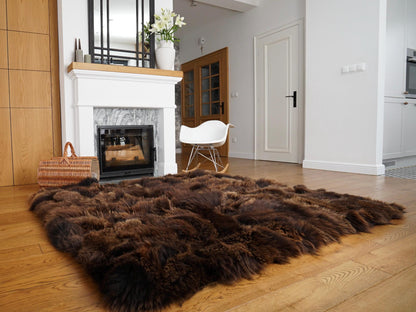 Natural Brown Sheepskin Rug 80 x 65 in, Genuine Long Wool Patchwork Area Rug, Large Sheep Skin Throw for Sofa, Chair or Floor Decor