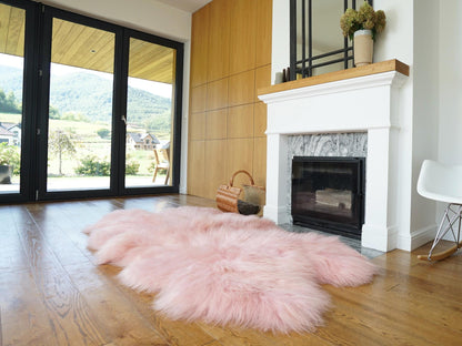 GIANT RUG FOUR sheepskin Pink Throw Genuine leather Sheep Skin Decorative rug Pink comfy, cozy, Natural very thick!