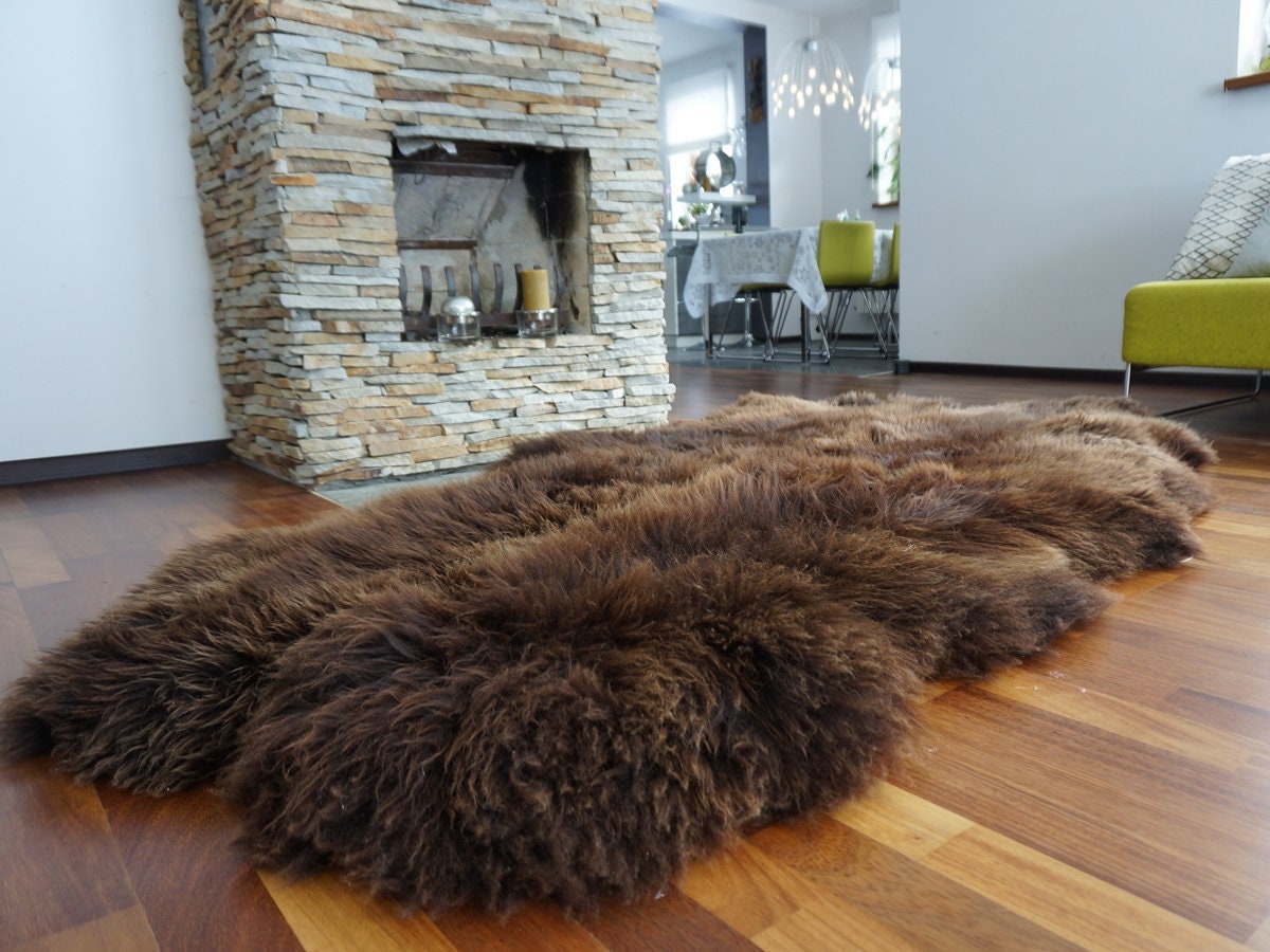 Brown Sheepskin Rug Made from 4 Genuine Sheepskins, Large Natural Wool Throw, 200 x 110 cm, Cozy Rustic Home Decor, Fireplace or Sofa Rug