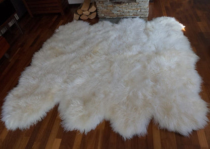 Oversized Eight Genuine White Sheepskin Rug Made from 8 Skins, 82 x 86 in, Natural Thick Wool, Ivory Cream Leather Area Rug Throw