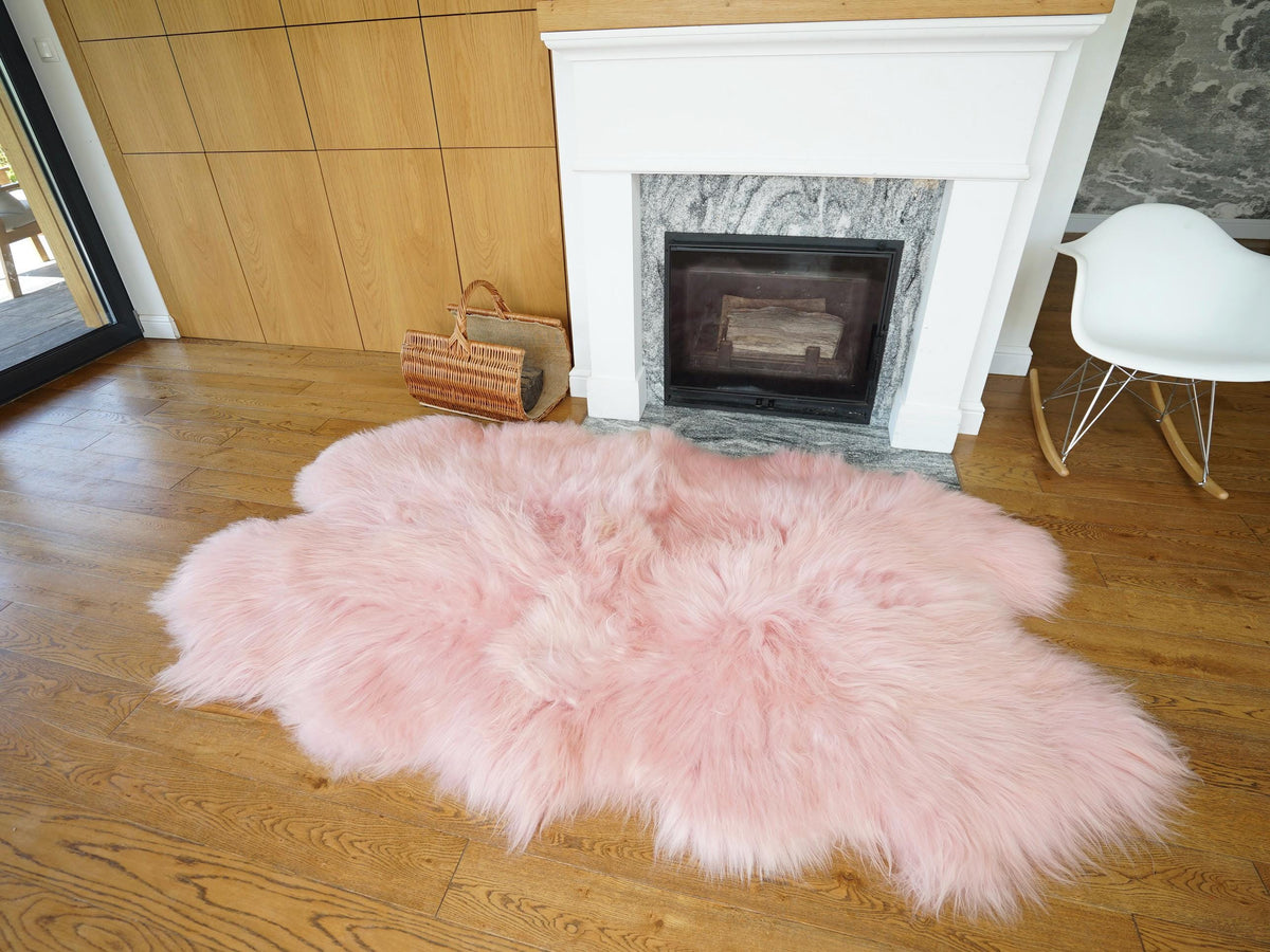 GIANT RUG FOUR sheepskin Pink Throw Genuine leather Sheep Skin Decorative rug Pink comfy, cozy, Natural very thick!