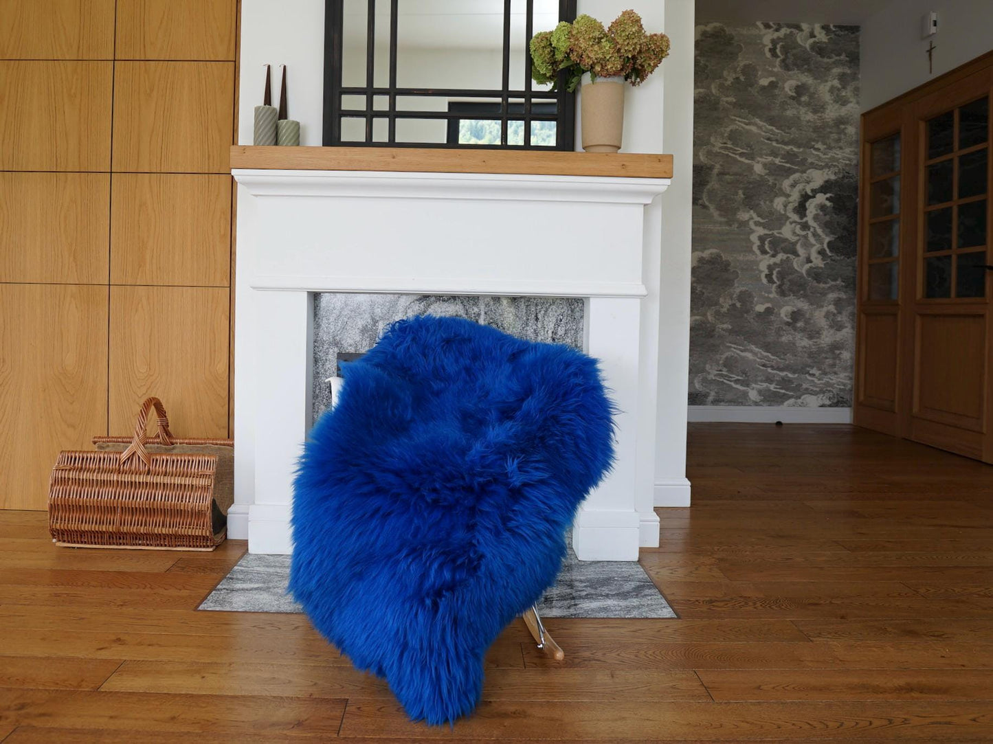 Navy Blue Genuine Sheepskin Rug, Natural Wool and Leather Throw, Soft Plush Hide, 50 x 28 Inches