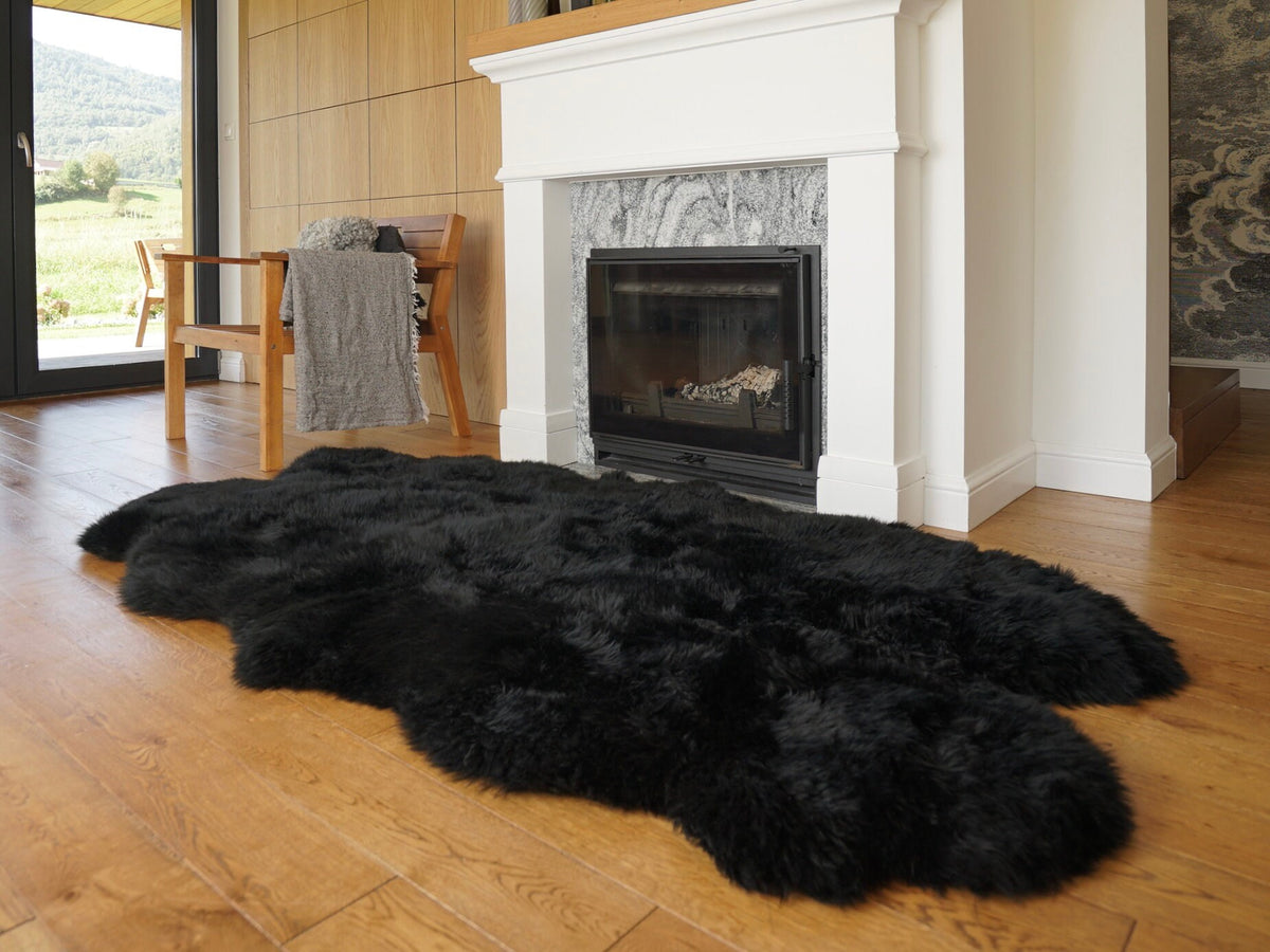 GIANT Rug FOUR SHEEPSKIN Black Throw Genuine Leather Sheep Skin Decorative rug - Black comfy, cozy,