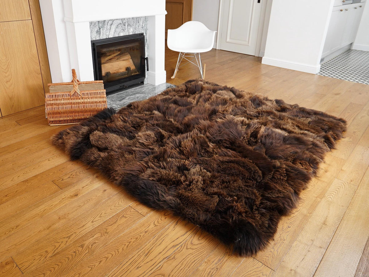 Natural Brown Sheepskin Rug 80 x 65 in, Genuine Long Wool Patchwork Area Rug, Large Sheep Skin Throw for Sofa, Chair or Floor Decor