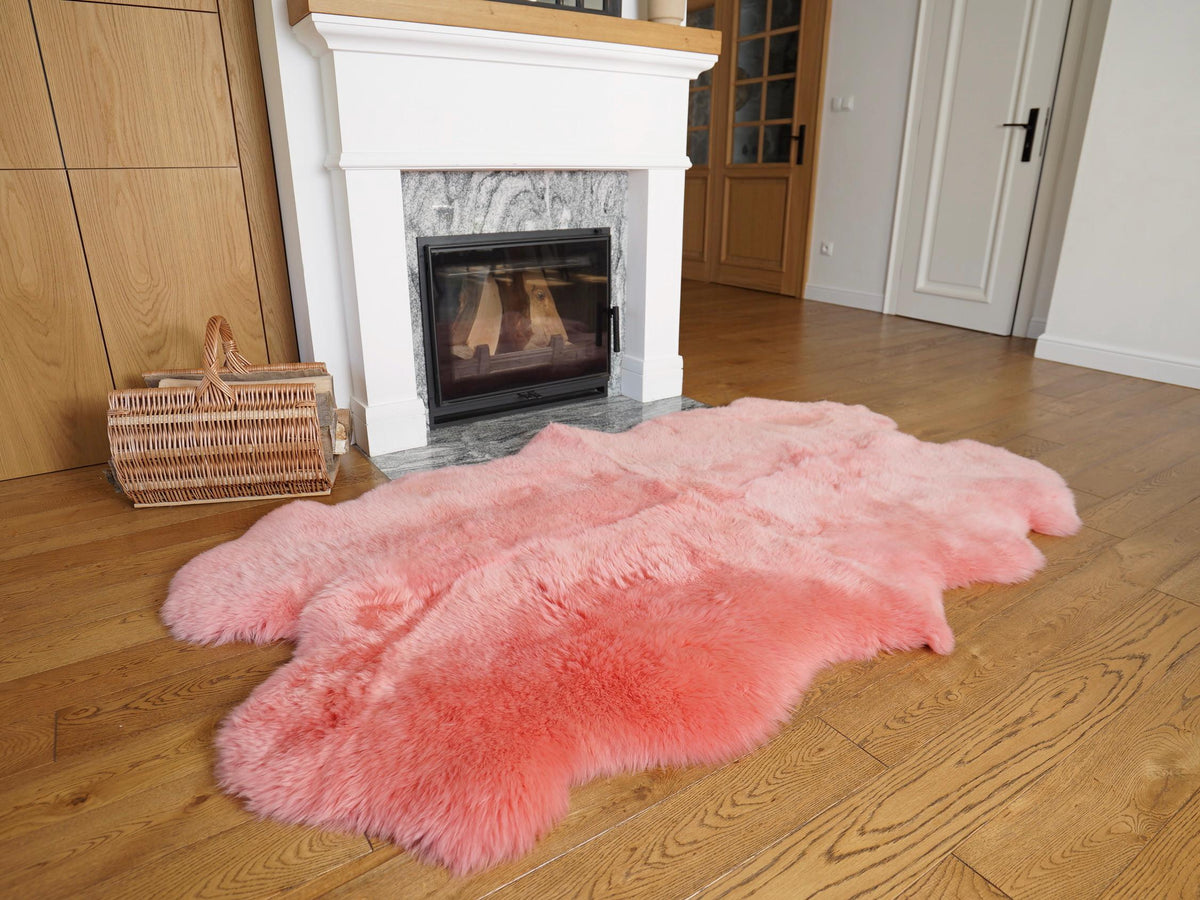 GIANT RUG FOUR sheepskin Pink Throw Genuine leather Sheep Skin Decorative rug Pink comfy, cozy, Natural very thick!