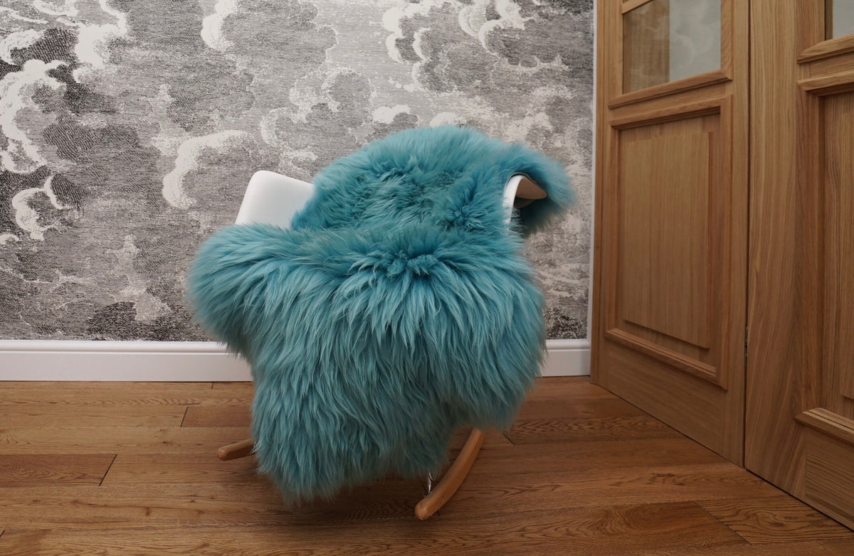 SHEEPSKIN Light Blue Aqua color Throw Genuine leather wool carpet Dyed Decorative rug  light blue comfy, cozy, hair is very thick, shiny !