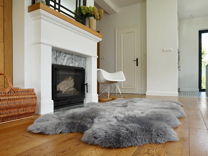 GIANT RUG FOUR sheepskin Gray Throw Genuine leather Sheep Skin Decorative rug Light Brown comfy, cozy, Natural very thick Grey