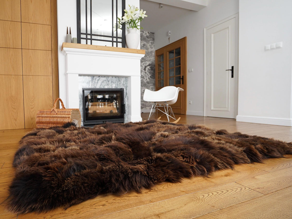 Natural Brown Sheepskin Rug 80 x 65 in, Genuine Long Wool Patchwork Area Rug, Large Sheep Skin Throw for Sofa, Chair or Floor Decor