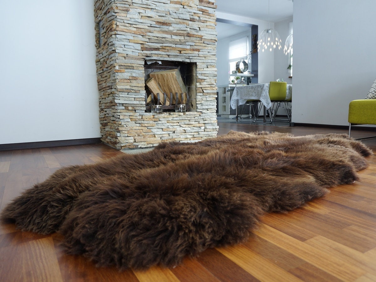Brown Sheepskin Rug Made from 4 Genuine Sheepskins, Large Natural Wool Throw, 200 x 110 cm, Cozy Rustic Home Decor, Fireplace or Sofa Rug
