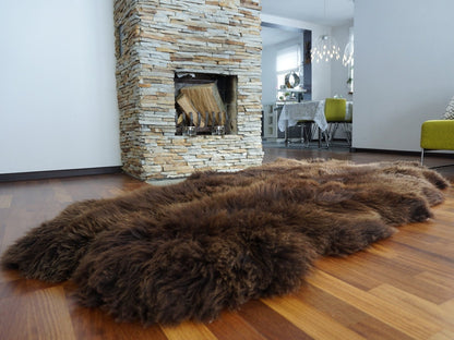 Brown Sheepskin Rug Made from 4 Genuine Sheepskins, Large Natural Wool Throw, 200 x 110 cm, Cozy Rustic Home Decor, Fireplace or Sofa Rug