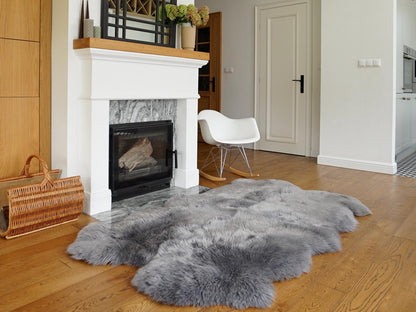 GIANT RUG FOUR sheepskin Gray Throw Genuine leather Sheep Skin Decorative rug Light Brown comfy, cozy, Natural very thick Grey