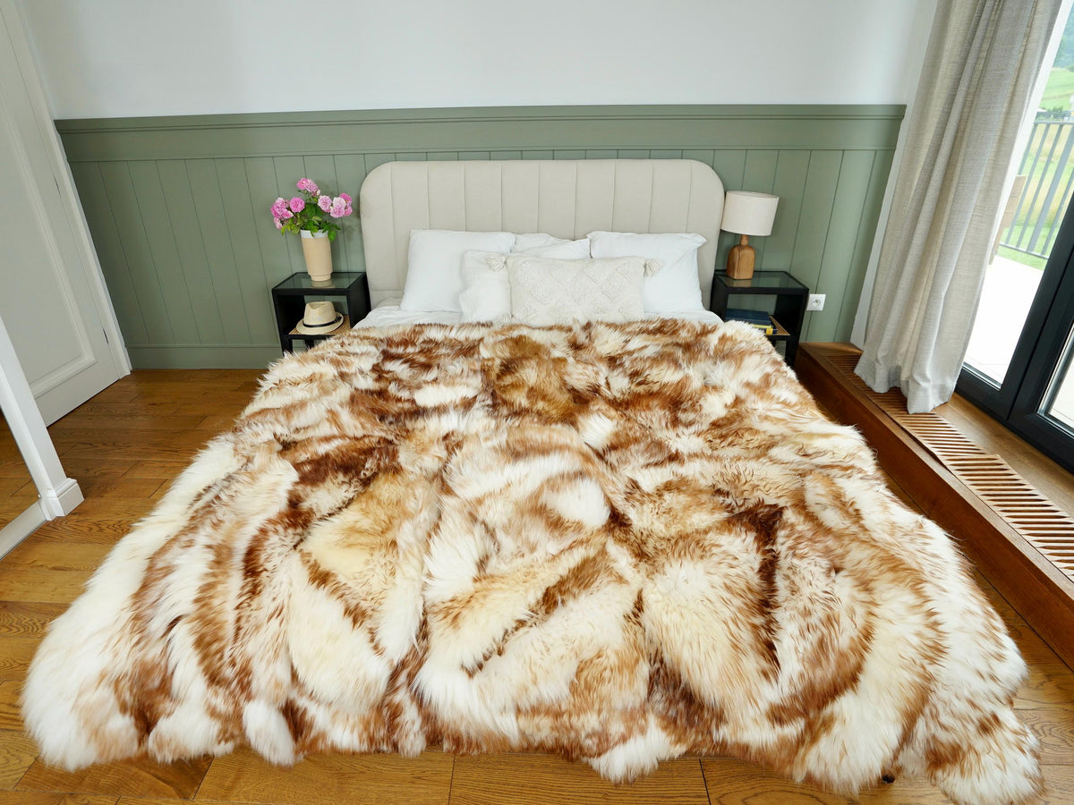 Natural Patchwork Sheepskin Rug, White Brown Mouflon Leather Wool Carpet, Cozy Throw (5.2'x6.5')