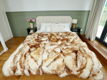 Natural Patchwork Sheepskin Rug, White Brown Mouflon Leather Wool Carpet, Cozy Throw (5.2'x6.5')
