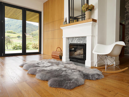 GIANT RUG FOUR sheepskin Gray Throw Genuine leather Sheep Skin Decorative rug Light Brown comfy, cozy, Natural very thick Grey