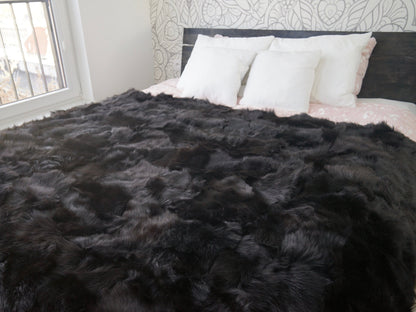 Genuine Toscana Lamb Sheepskin Throw Blanket Rug Black  Bed Spread Sofa Throw Rug Black Rug Large Rug