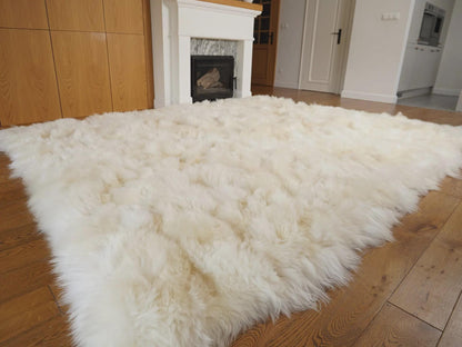 8x10 ft Natural White Sheepskin Rug, Genuine Leather Wool Shag Area Rug, Hand-Stitched Plush Patchwork Carpet for Living Room or Bedroom