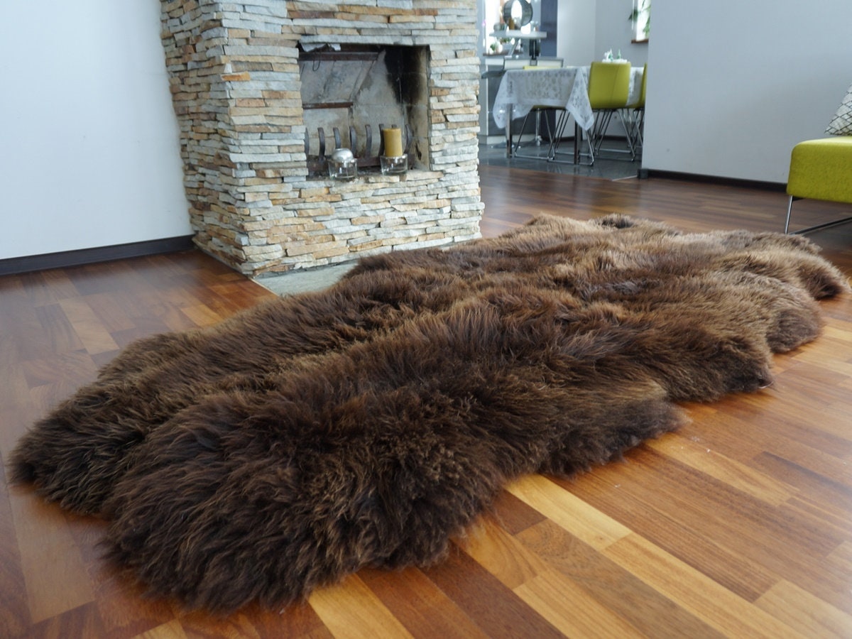 Brown Sheepskin Rug Made from 4 Genuine Sheepskins, Large Natural Wool Throw, 200 x 110 cm, Cozy Rustic Home Decor, Fireplace or Sofa Rug