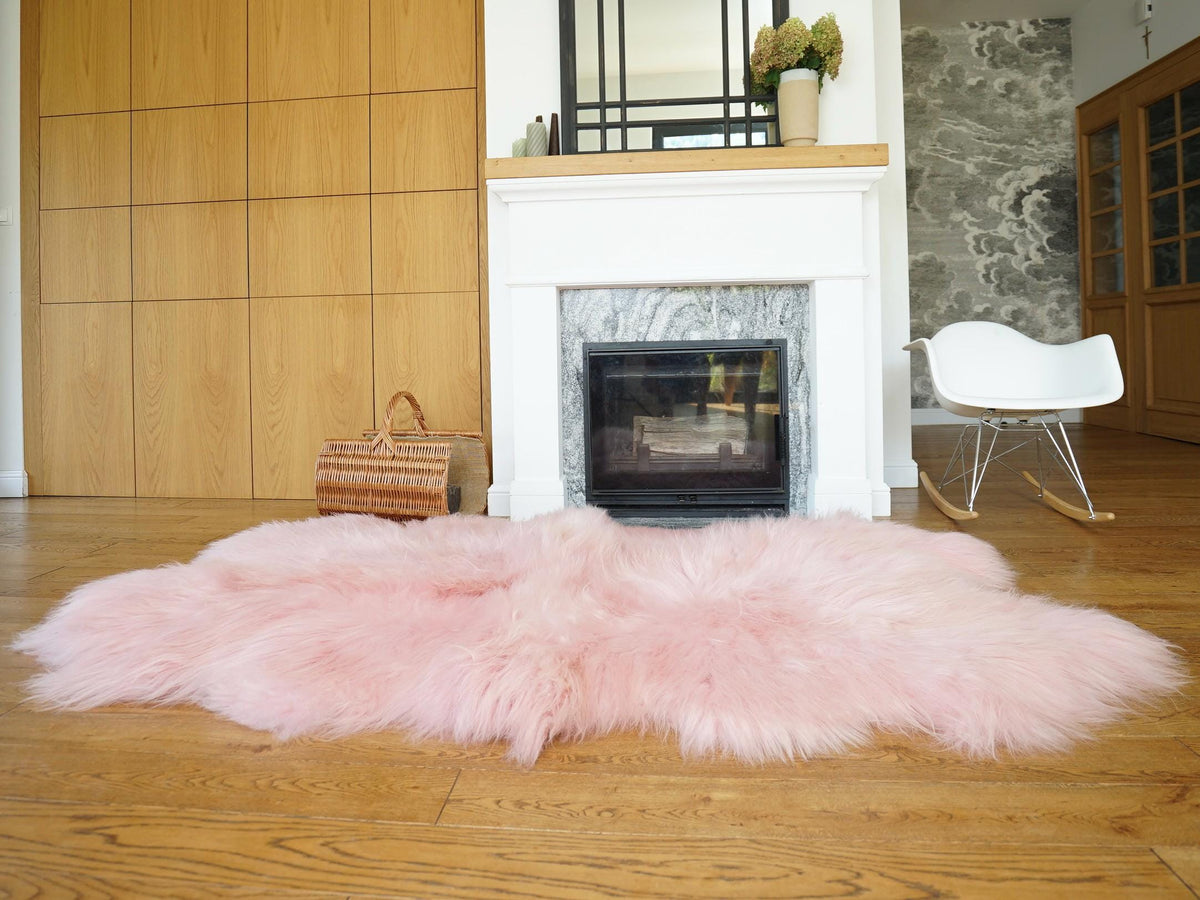 GIANT RUG FOUR sheepskin Pink Throw Genuine leather Sheep Skin Decorative rug Pink comfy, cozy, Natural very thick!