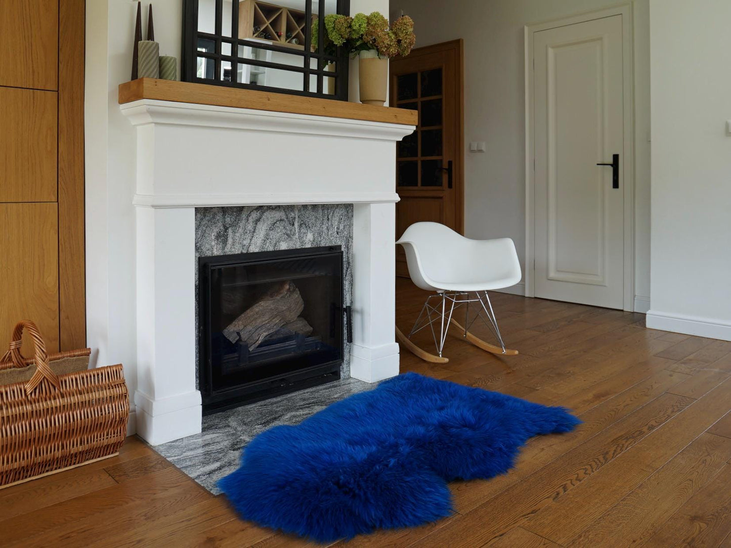 Navy Blue Genuine Sheepskin Rug, Natural Wool and Leather Throw, Soft Plush Hide, 50 x 28 Inches
