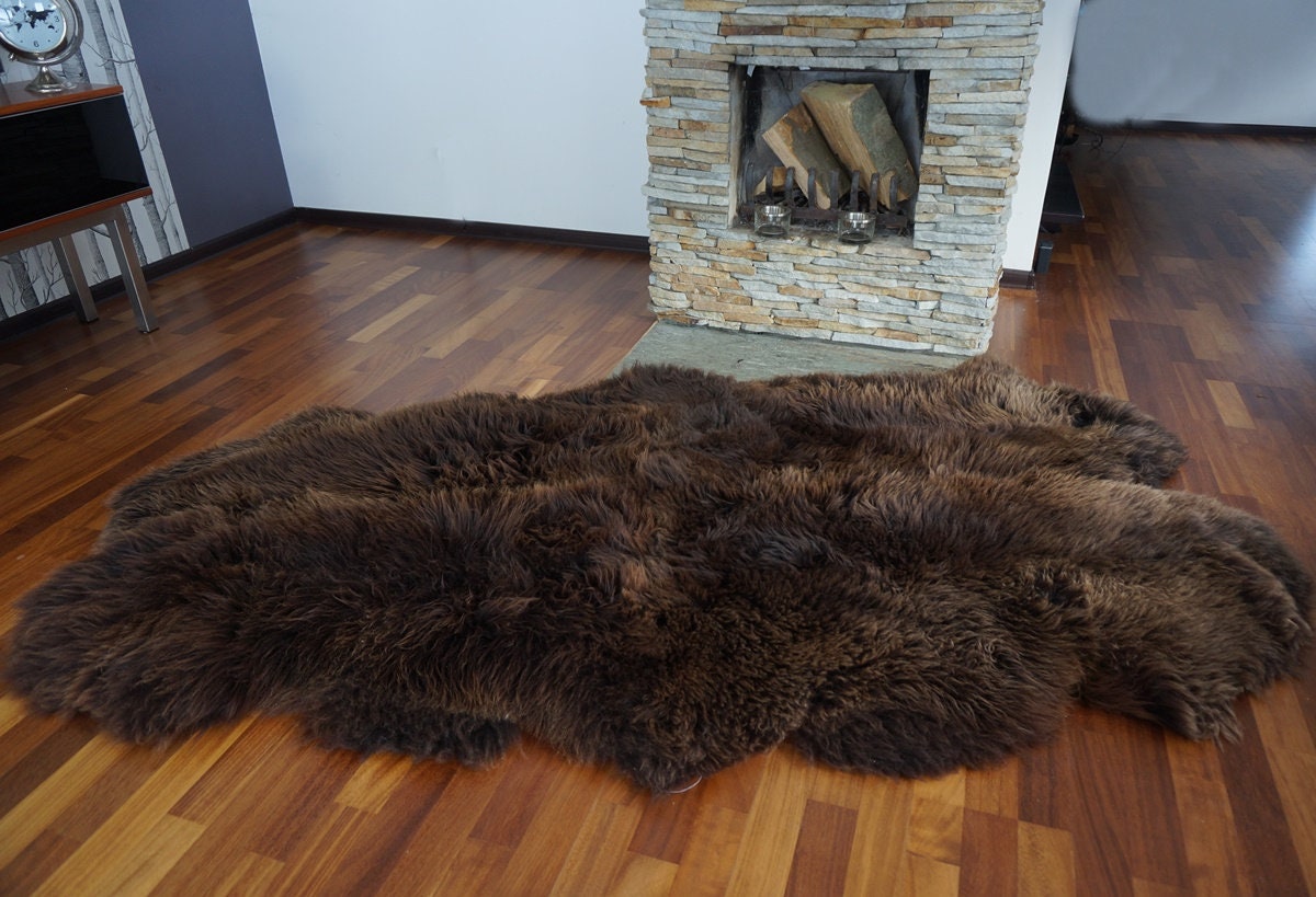 Brown Sheepskin Rug Made from 4 Genuine Sheepskins, Large Natural Wool Throw, 200 x 110 cm, Cozy Rustic Home Decor, Fireplace or Sofa Rug