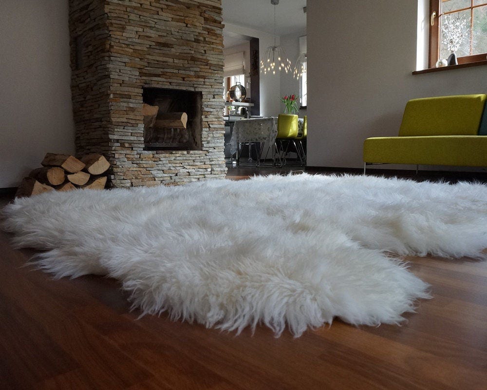 Oversized Eight Genuine White Sheepskin Rug Made from 8 Skins, 82 x 86 in, Natural Thick Wool, Ivory Cream Leather Area Rug Throw