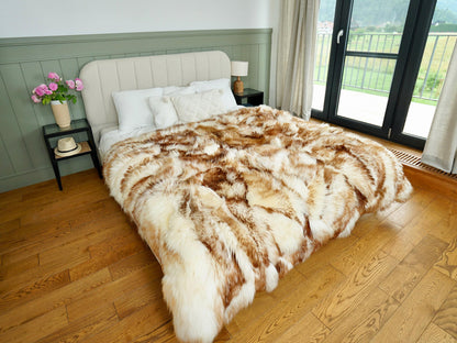Natural Patchwork Sheepskin Rug, White Brown Mouflon Leather Wool Carpet, Cozy Throw (5.2'x6.5')