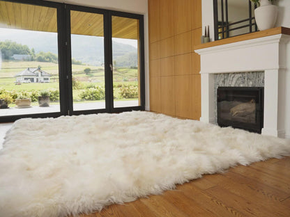 8x10 ft Natural White Sheepskin Rug, Genuine Leather Wool Shag Area Rug, Hand-Stitched Plush Patchwork Carpet for Living Room or Bedroom