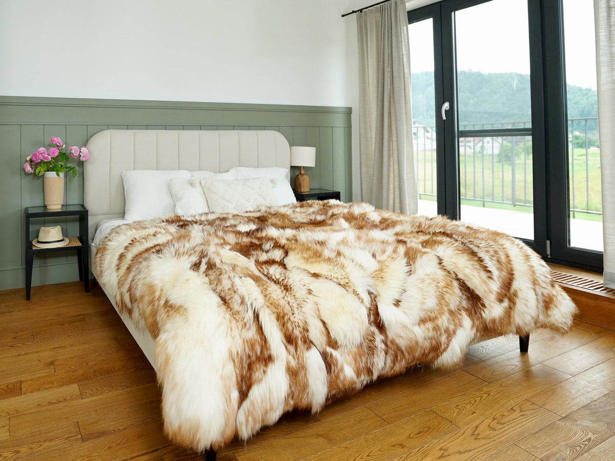 Natural Patchwork Sheepskin Rug, White Brown Mouflon Leather Wool Carpet, Cozy Throw (5.2'x6.5')