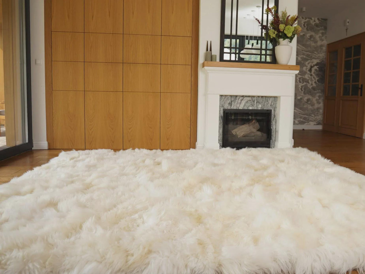 8x10 ft Natural White Sheepskin Rug, Genuine Leather Wool Shag Area Rug, Hand-Stitched Plush Patchwork Carpet for Living Room or Bedroom