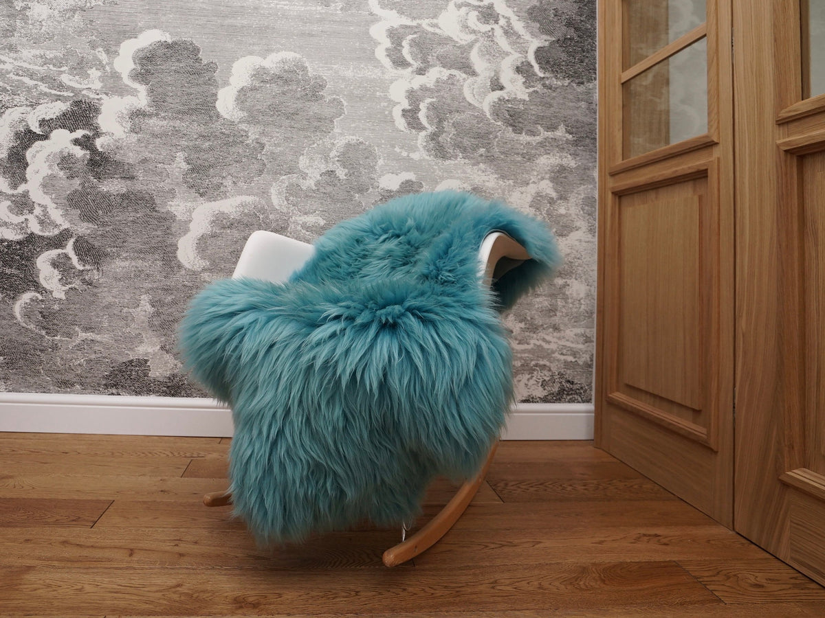 SHEEPSKIN Light Blue Aqua color Throw Genuine leather wool carpet Dyed Decorative rug  light blue comfy, cozy, hair is very thick, shiny !