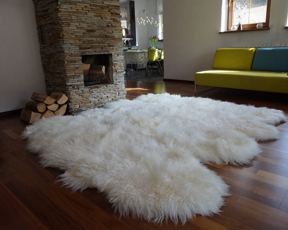 Oversized Eight Genuine White Sheepskin Rug Made from 8 Skins, 82 x 86 in, Natural Thick Wool, Ivory Cream Leather Area Rug Throw