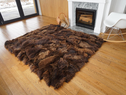 Natural Brown Sheepskin Rug 80 x 65 in, Genuine Long Wool Patchwork Area Rug, Large Sheep Skin Throw for Sofa, Chair or Floor Decor