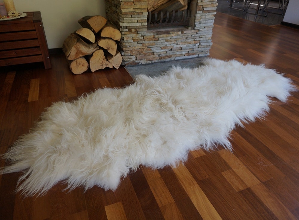 GIANT  Double Sheepskin Icelandic    White Cream Throw Genuine leather Sheep Skin 79" x 36"Decorative rug White comfy, cozy, hair