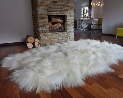 GIANT  Four SHEEPSKIN Icelandic    White Cream Throw Genuine leather Sheep Skin 79" x 56" Decorative rug White comfy, cozy, hair is thick