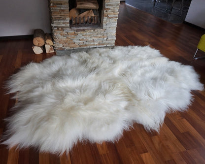 GIANT  Four SHEEPSKIN Icelandic    White Cream Throw Genuine leather Sheep Skin 79" x 56" Decorative rug White comfy, cozy, hair is thick