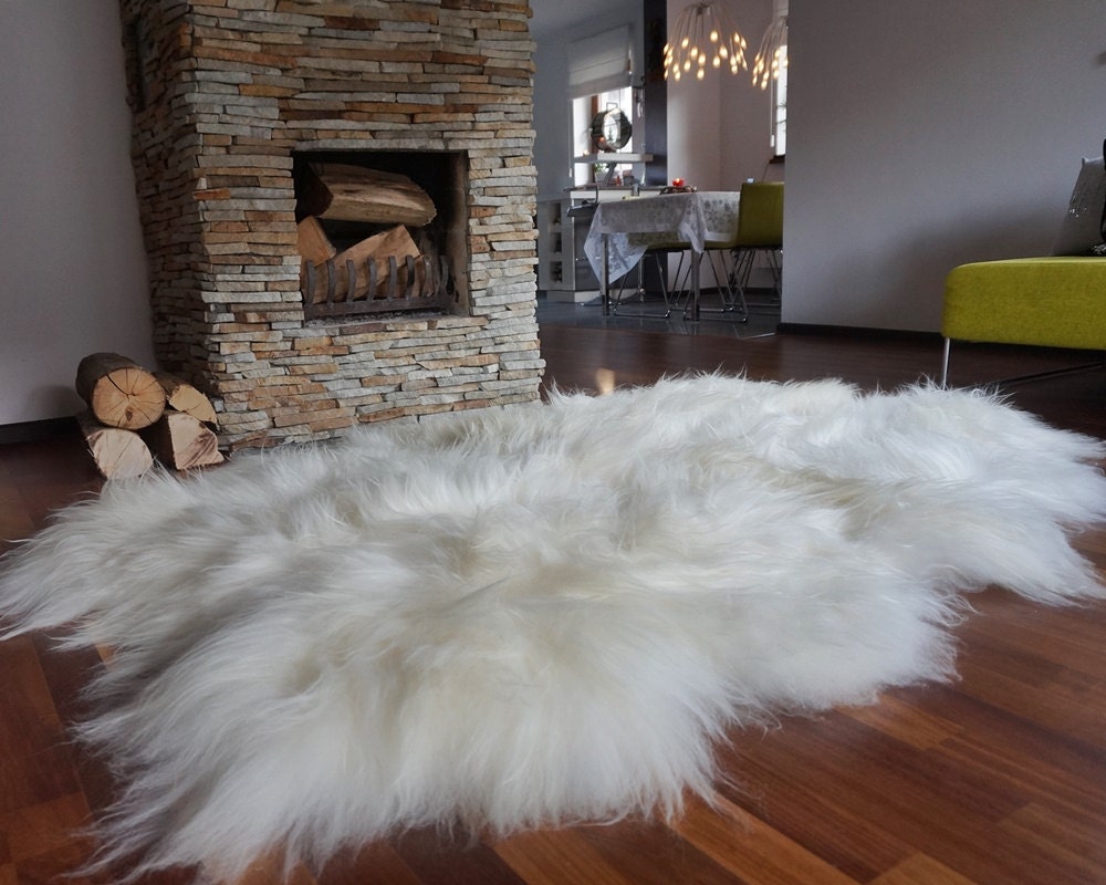 GIANT  Four SHEEPSKIN Icelandic    White Cream Throw Genuine leather Sheep Skin 79" x 56" Decorative rug White comfy, cozy, hair is thick