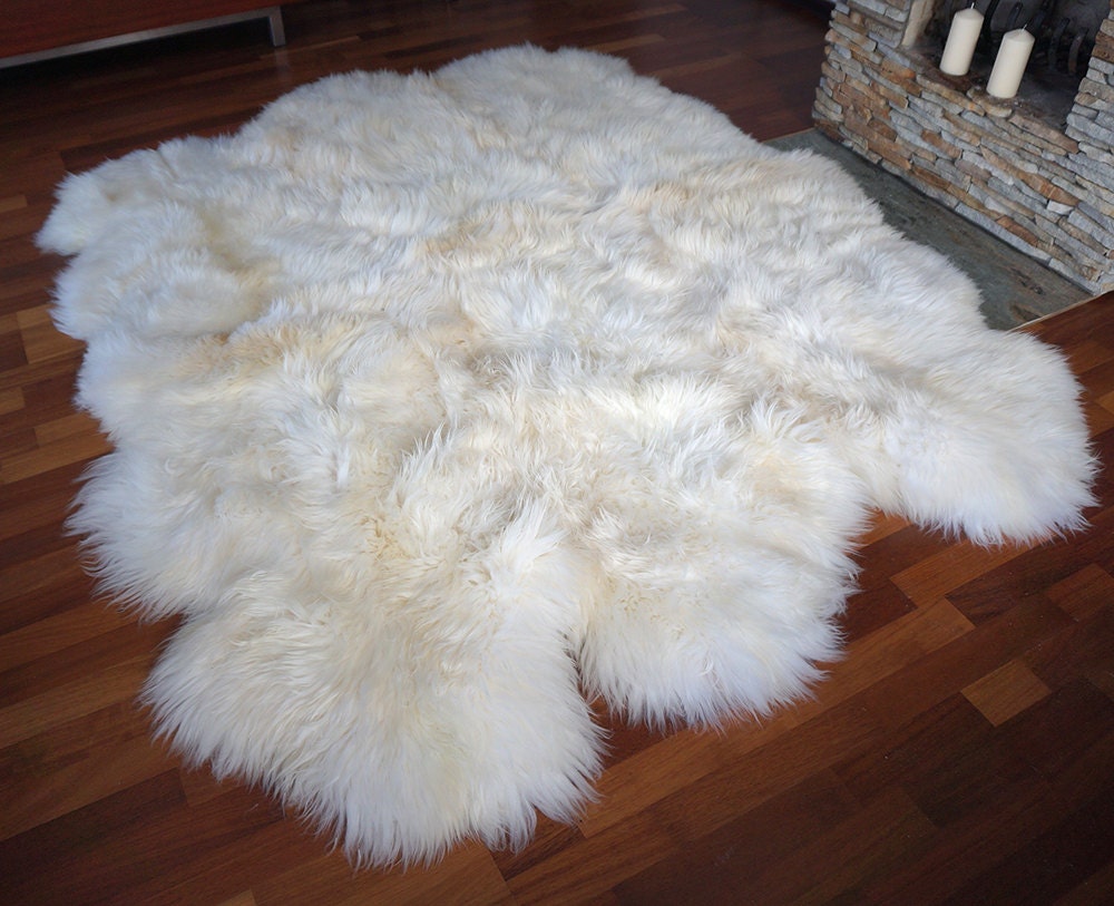 GIANT RUG Sexto SHEEPSKIN Six 80" x 70" White Throw Genuine Leather Sheep Skins Decorative rug - White comfy, cozy,  Throw Rugs Carpet