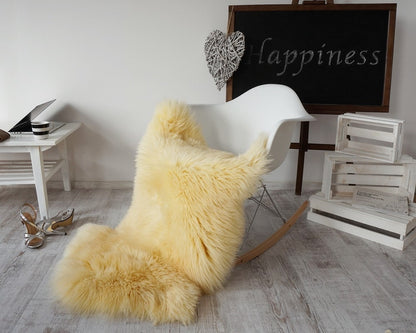 Regular SHEEPSKIN YELLOW Throw Genuine leather Sheep Skin 48 " x 28" Decorative rug Natural comfy, cozy, shiny !