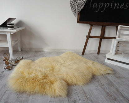 Regular SHEEPSKIN YELLOW Throw Genuine leather Sheep Skin 48 " x 28" Decorative rug Natural comfy, cozy, shiny !