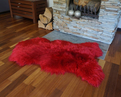 SHEEPSKIN Red X  Throw Genuine leather Sheep Skin  Decorative rug red comfy, cozy, hair is very thick, shiny !