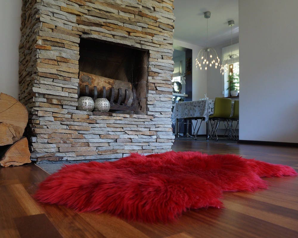 SHEEPSKIN Red X  Throw Genuine leather Sheep Skin  Decorative rug red comfy, cozy, hair is very thick, shiny !