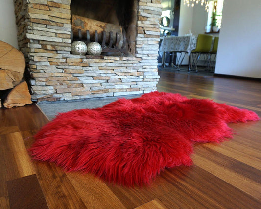 SHEEPSKIN Red X  Throw Genuine leather Sheep Skin  Decorative rug red comfy, cozy, hair is very thick, shiny !