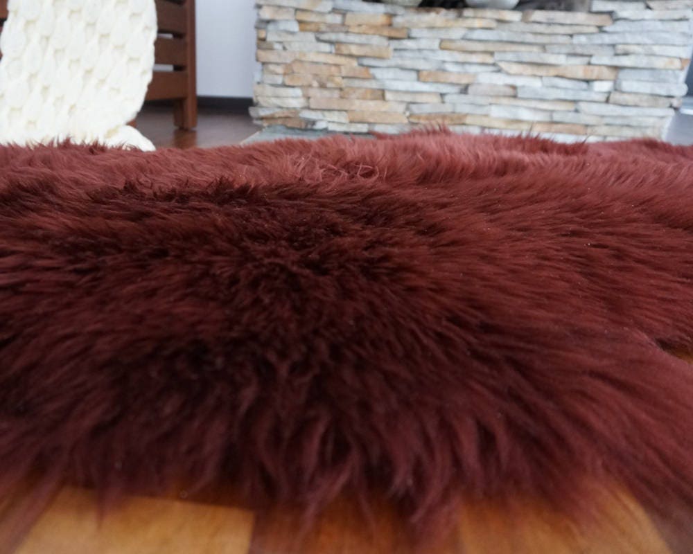 SHEEPSKIN Double X  Burgundy Throw Genuine leather Sheep Skin 72" x 30" Decorative rug Natural comfy, cozy,hair is very thick, shiny !