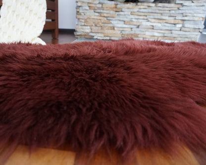 SHEEPSKIN Double X  Burgundy Throw Genuine leather Sheep Skin 72" x 30" Decorative rug Natural comfy, cozy,hair is very thick, shiny !