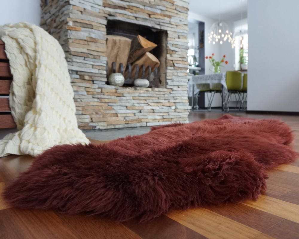 SHEEPSKIN Double X  Burgundy Throw Genuine leather Sheep Skin 72" x 30" Decorative rug Natural comfy, cozy,hair is very thick, shiny !