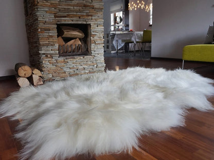 GIANT  Four SHEEPSKIN Icelandic    White Cream Throw Genuine leather Sheep Skin 79" x 48" Decorative rug White comfy, cozy, hair is thick