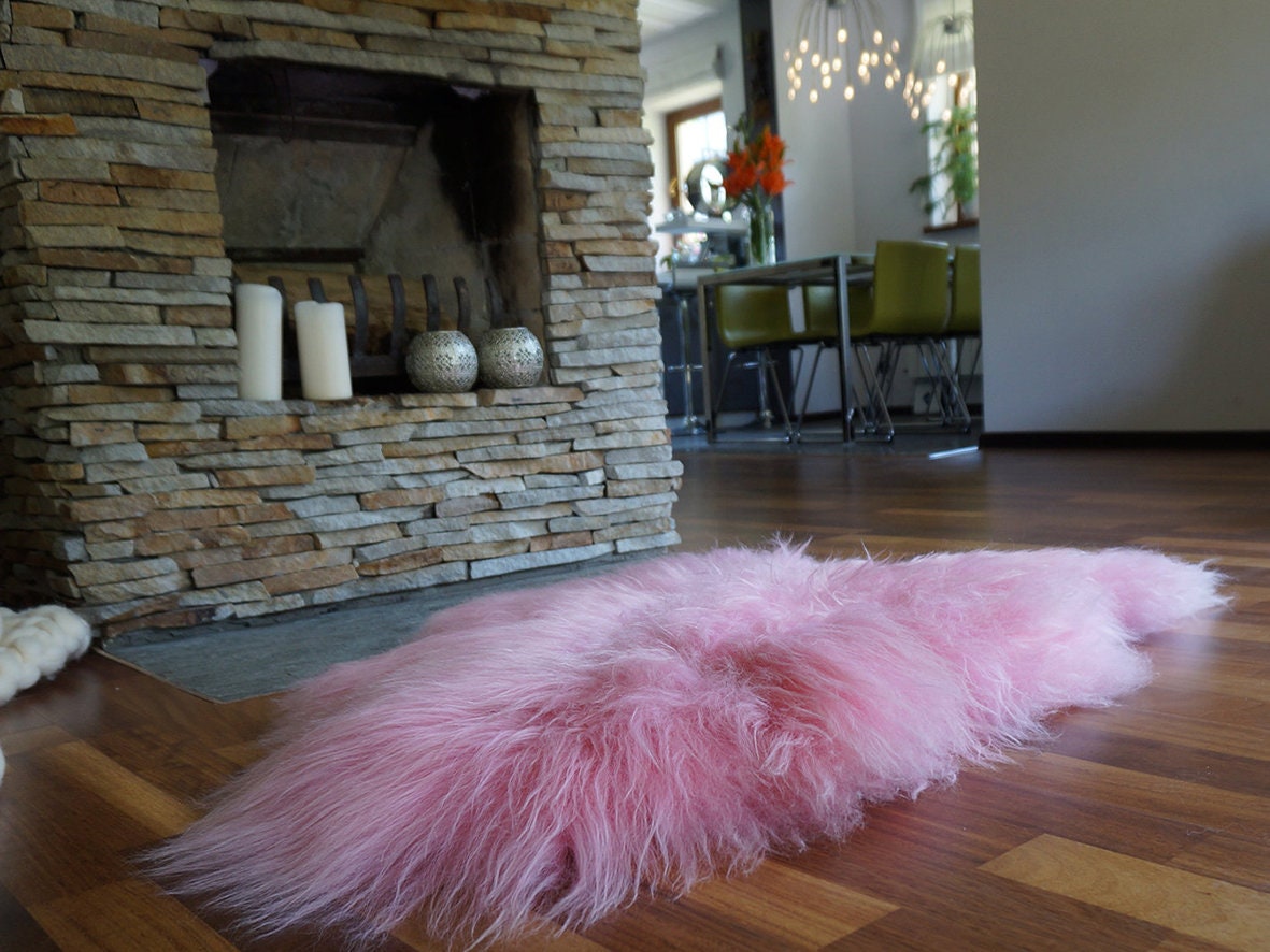 BIG Sheepskin Pink Gray Rugs Throw Genuine ICELANDIC 48" x 28" Decorative rug Natural comfy Gray rugs outdoor fur rug