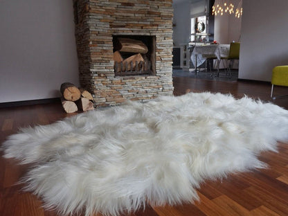 GIANT  Four SHEEPSKIN Icelandic    White Cream Throw Genuine leather Sheep Skin 79" x 56" Decorative rug White comfy, cozy, hair is thick