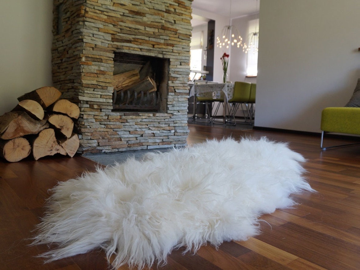 GIANT  Double Sheepskin Icelandic    White Cream Throw Genuine leather Sheep Skin 79" x 36"Decorative rug White comfy, cozy, hair