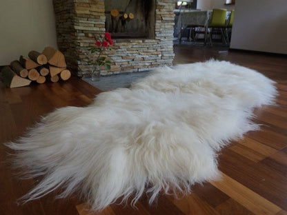 GIANT  Double SHEEPSKIN Icelandic    White Cream Throw Genuine leather Sheep Skin 79" x 36"Decorative rug White comfy, cozy, hair is thick